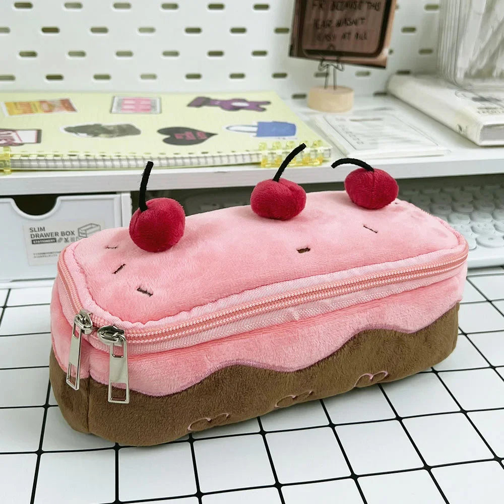 Cherry Cake Plush Pencil Case, Large Capacity Student Stationery Pouch Gift
