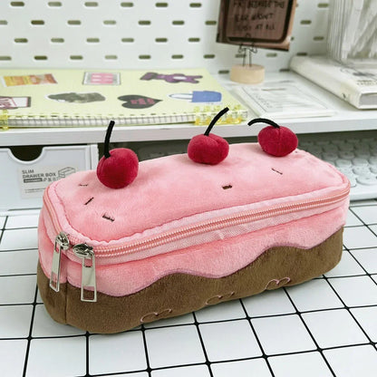 Cherry Cake Plush Pencil Case, Large Capacity Student Stationery Pouch Gift