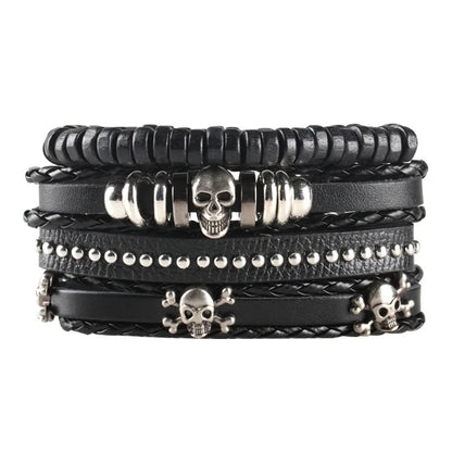 Black Punk Skull & Star Leather Bracelet Set – Gothic Alloy Wristband for Men & Women