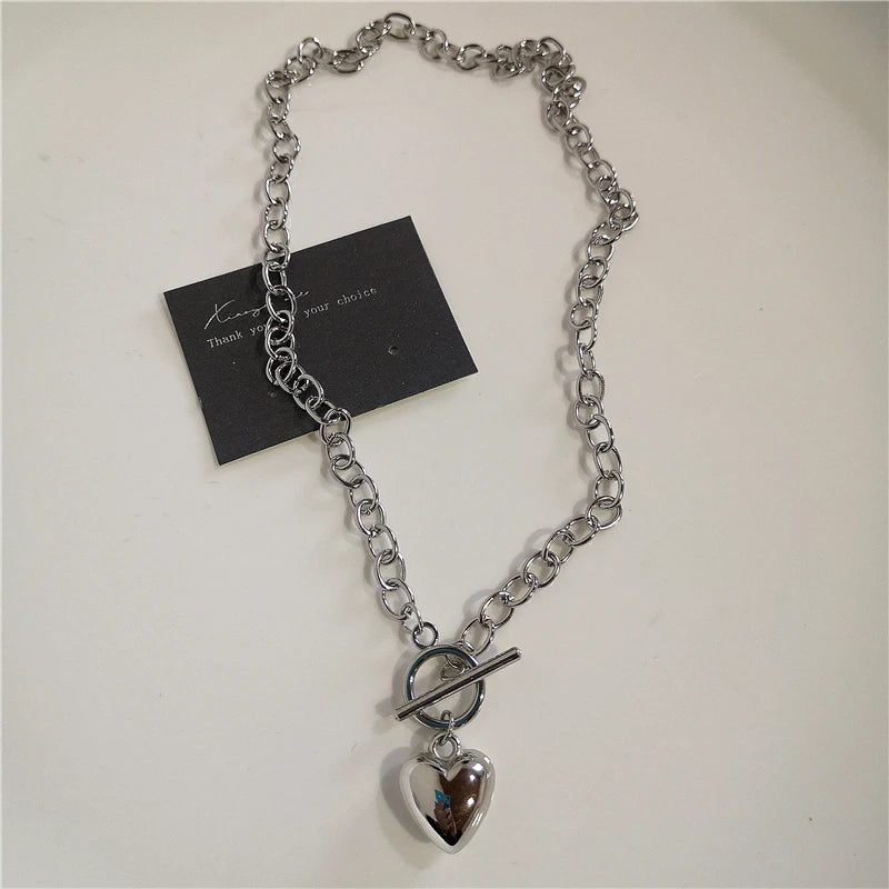 Y2K Punk Heart Cross Pendant Necklace - Grunge Goth Chain for Men Women