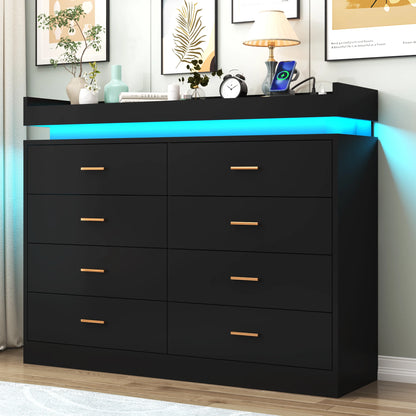 8 Drawer Dresser with LED Light, Modern Chest of Drawers for Closet, 47" Wide Drawer Organizer Cabinet for Bedroom, Living Room