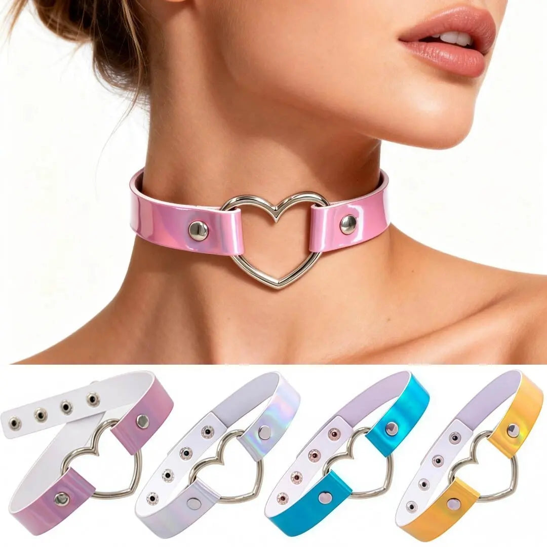Holographic Heart Ring PU Leather Choker Necklace - Gothic Laser Collar