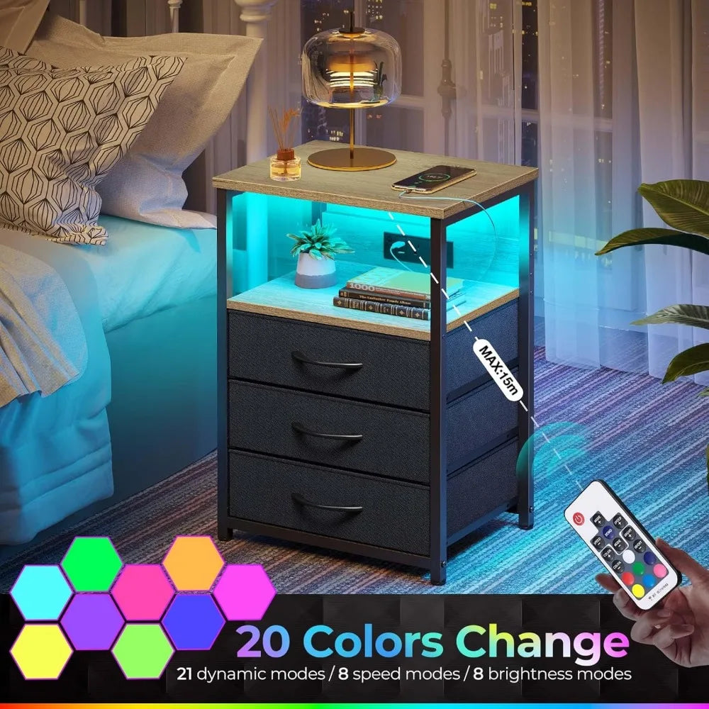 Dual-Function Nightstands with Charging Ports and LED Lights, Pair of 3-Drawer Bedside Tables with USB Charging