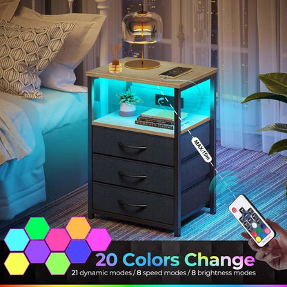 Dual-Function Nightstands with Charging Ports and LED Lights, Pair of 3-Drawer Bedside Tables with USB Charging