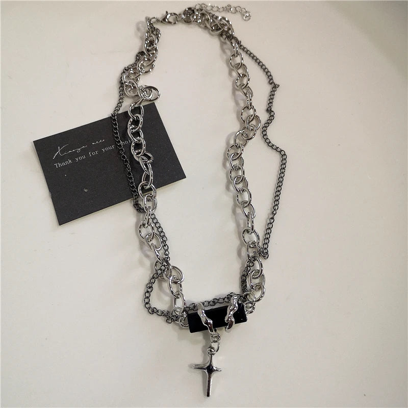 Y2K Punk Heart Cross Pendant Necklace - Grunge Goth Chain for Men Women