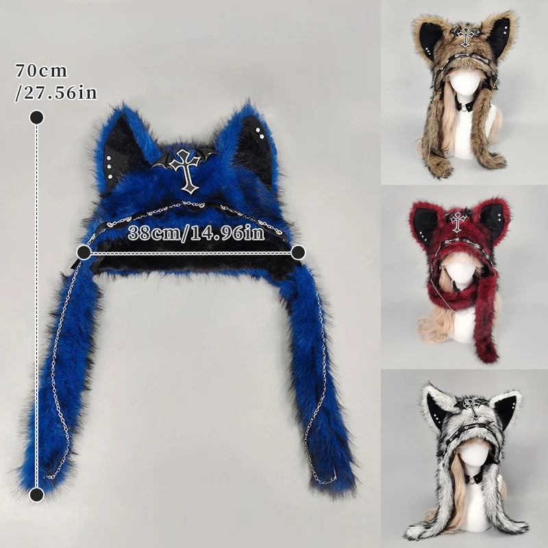 Gothic Plush Cross Metal Cat Ear Hat - Y2K Punk Winter Beanie