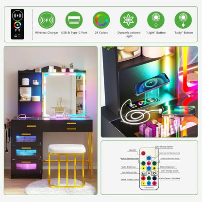 LED Vanity Desk with Sliding Mirror And Glass Top RGB Lighted Makeup Dresser with Chair Set Black Wood Finish 6-Drawer Dresser