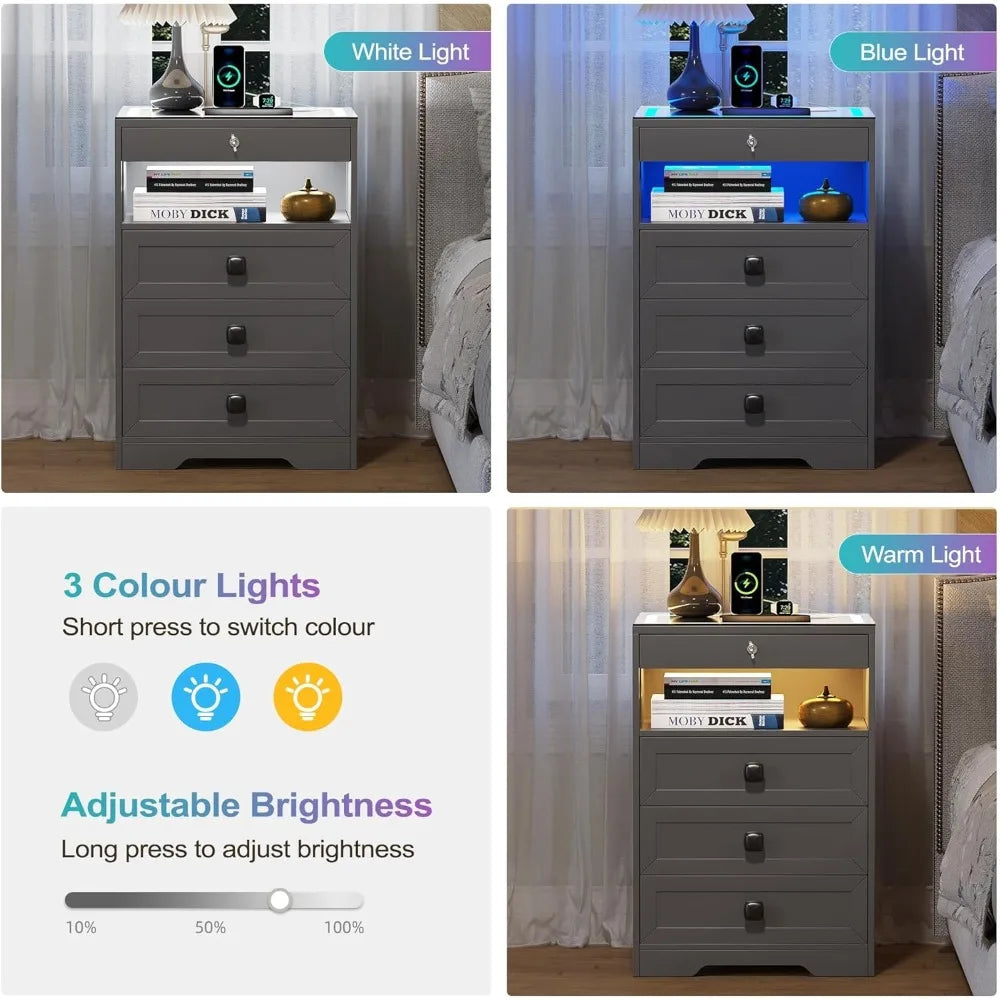 LED Nightstand with 3 Drawers, Glass Top Bedside Table with Wireless Charging Station, Modern Night Stand with Auto Senso