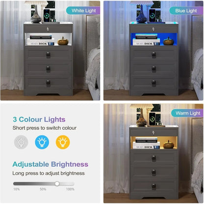 LED Nightstand with 3 Drawers, Glass Top Bedside Table with Wireless Charging Station, Modern Night Stand with Auto Senso