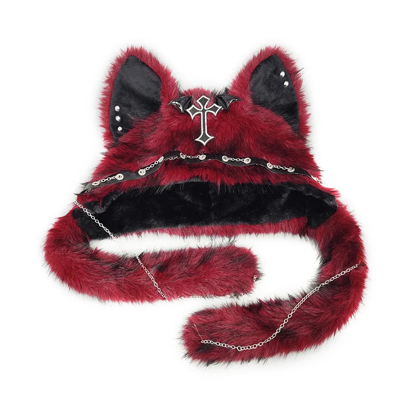 Gothic Plush Cross Metal Cat Ear Hat - Y2K Punk Winter Beanie