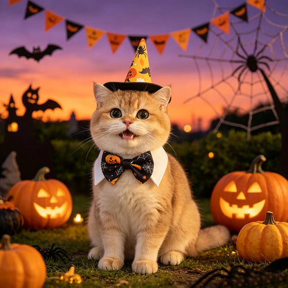Pet Halloween Costume Set - Pumpkin Spider Wizard Hat & Bow Tie Collar for Dogs Cats
