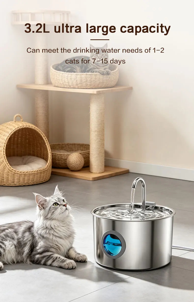Stainless Steel Cat Water Fountain 108oz/3.2L for Cats, Dogs and Small Pets, with Quiet Operation & LED Light, Easy to Clean & Assemble