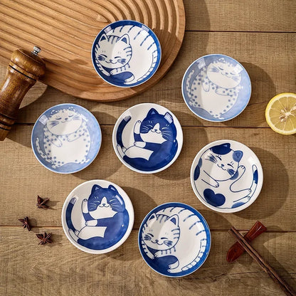Lucky Cat Ceramic Sauce Dishes Set – 4pc Japanese Style Sushi Plates