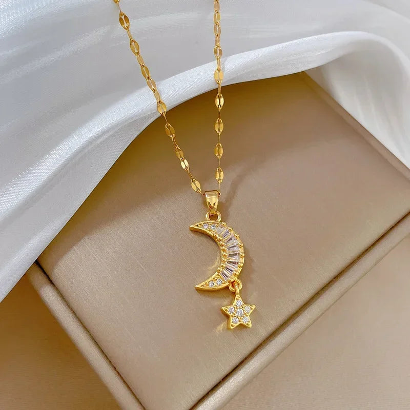 Crescent Moon Pendant Necklace Stainless Steel Zircon Vintage Jewelry