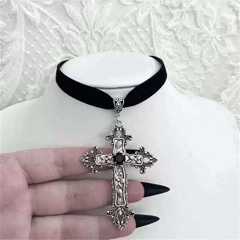 Gothic Black Zircon Crucifix Drop Earrings – Silver Punk Cross Dangle Earrings for Women