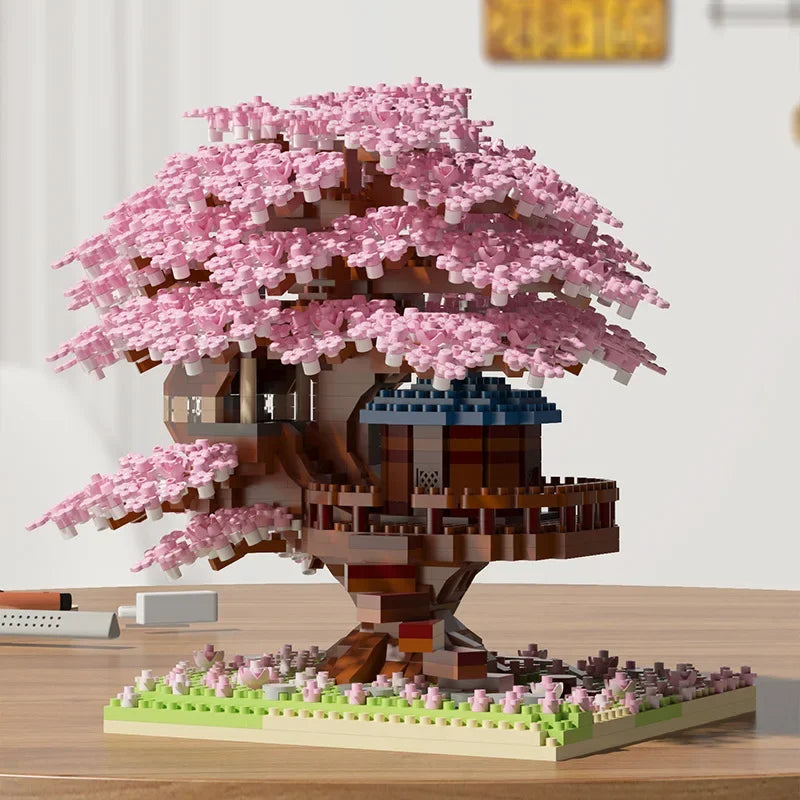 Sakura Cherry Blossom Treehouse Building Block Set with LED Light - Mini Brick Model Gift