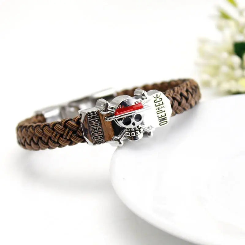 One Piece Luffy Straw Hat Skull Bracelet - Woven Leather Cord Anime Wristband for Fans