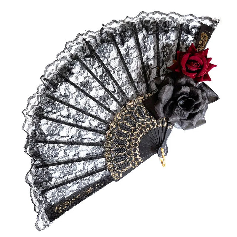 Lolita Lace Hand Fan – Gothic Victorian Folding Fan with Rose, Black White Red