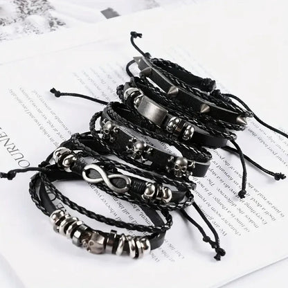 Black Punk Skull & Star Leather Bracelet Set – Gothic Alloy Wristband for Men & Women