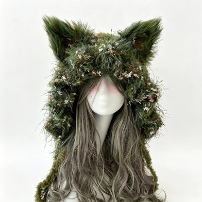 Handmade Crochet Moss Green Fox Ear Hat – Plush Floral Knit Goblincore Winter Hood