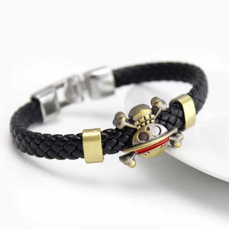 One Piece Luffy Straw Hat Skull Bracelet - Woven Leather Cord Anime Wristband for Fans