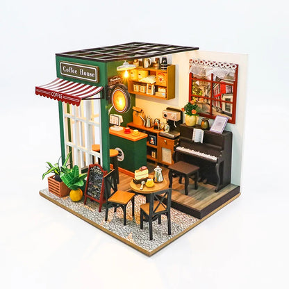 DIY 3D Puzzle Wooden Miniature Dollhouse Building Kit - Handmade Coffee House Model Gift