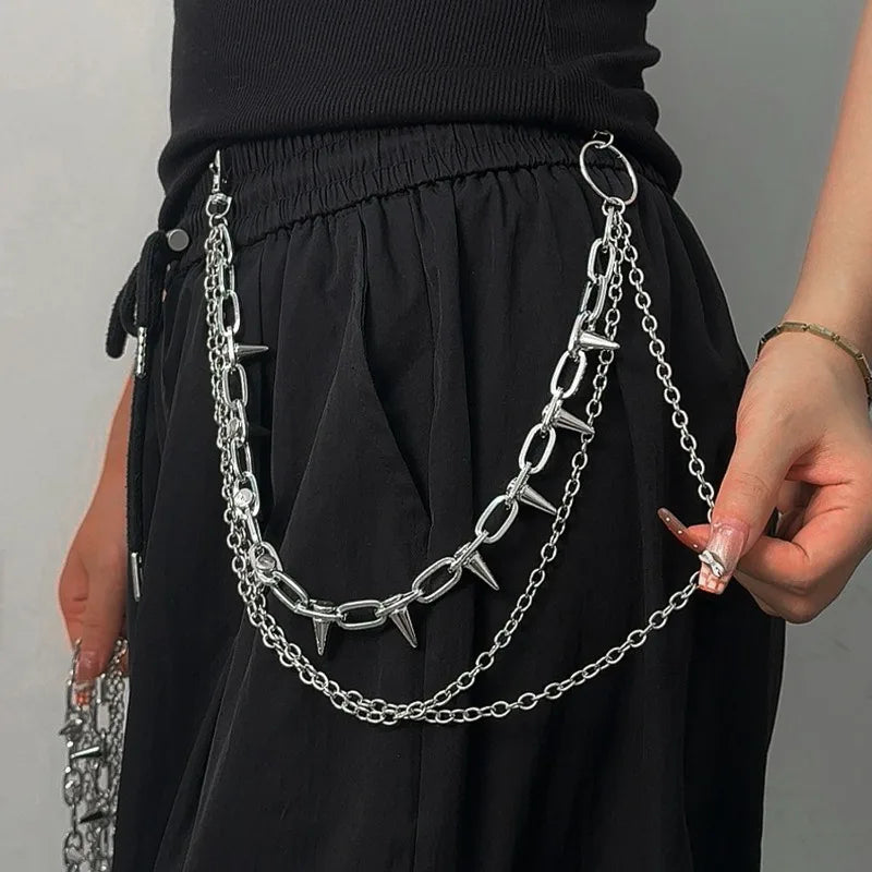 Silver Punk Double-Layer Waist Chain with Rivets – Adjustable Metal Belt Pants Chain for Women & Men