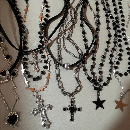 Punk Star Heart Cross Double Layer Chain Necklace – Y2K Grunge & EMO Rock Style for Men and Women