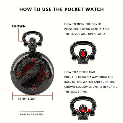 Gothic Black Raven Pocket Watch with Necklace Chain – Quartz Alloy Watch