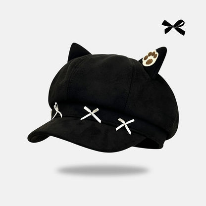 Vintage Cat Ear Newsboy Cap - Harajuku Kawaii Cat Paw Baker Boy Beret Hat
