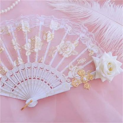 Lolita Lace Hand Fan – Gothic Victorian Folding Fan with Rose, Black White Red