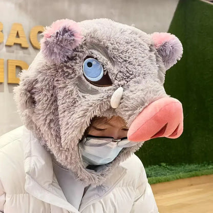 Wild Boar Head Plush Hat – Inosuke Style Winter Cosplay Headgear