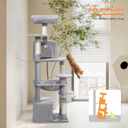Large Cat Tree Tower with Hammock And Perches Sisal Scratching Posts Spacious Condos And Cat Toys for Indoor Cats Grey/Beige/Black
