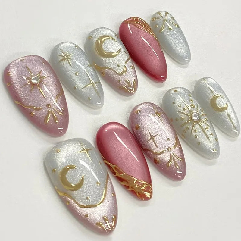 Y2K Star Press On Nails 24pcs – Blue Gradient French Gold Moon Almond False Nails