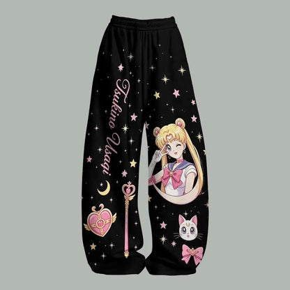Sailor Moon Anime Print Pants – Y2K Streetwear Loose-Fit Casual Trousers for Women