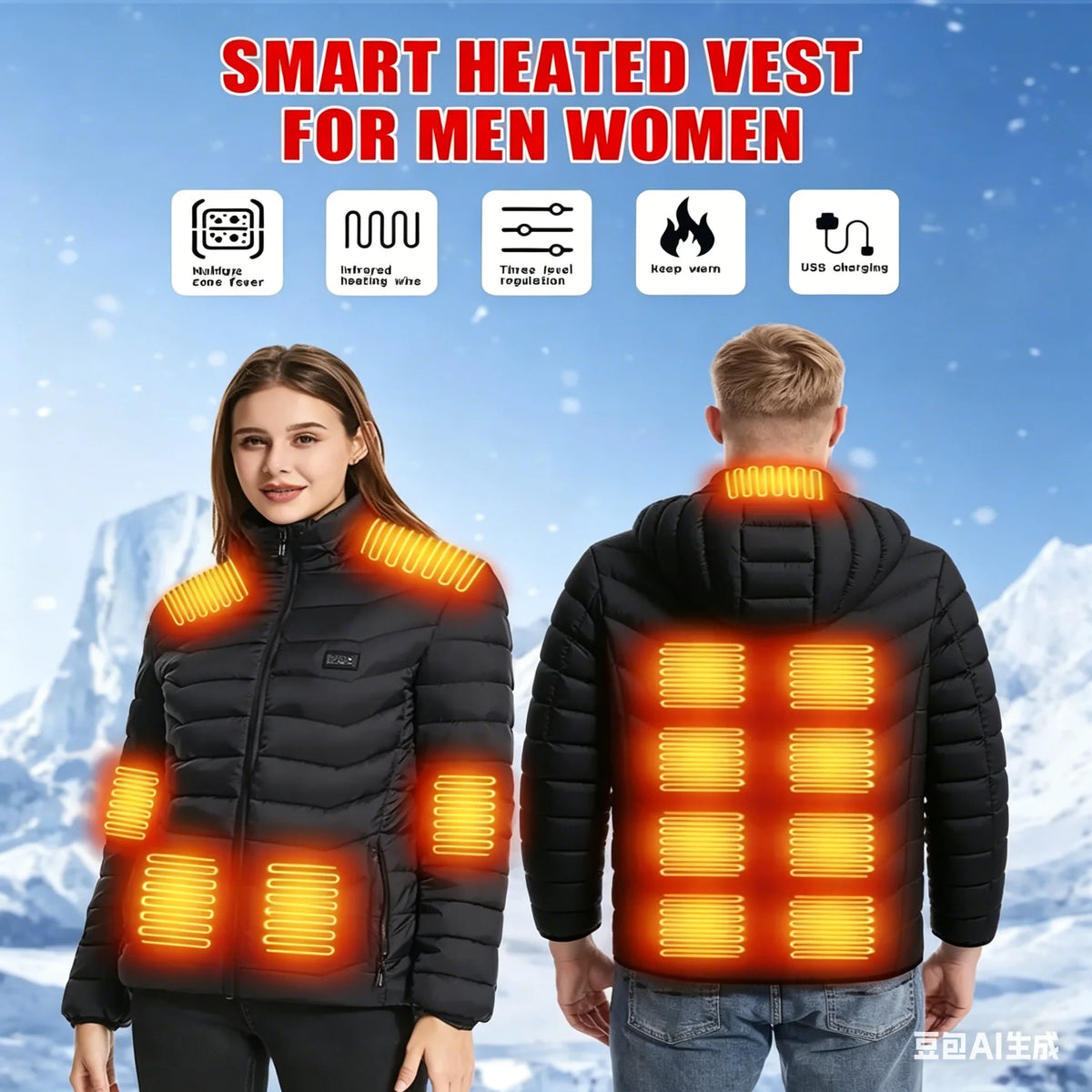 USB Heated Jacket with 29 Heating Zones - 3 Heat Levels, Warm Winter Coat for Outdoor Sports