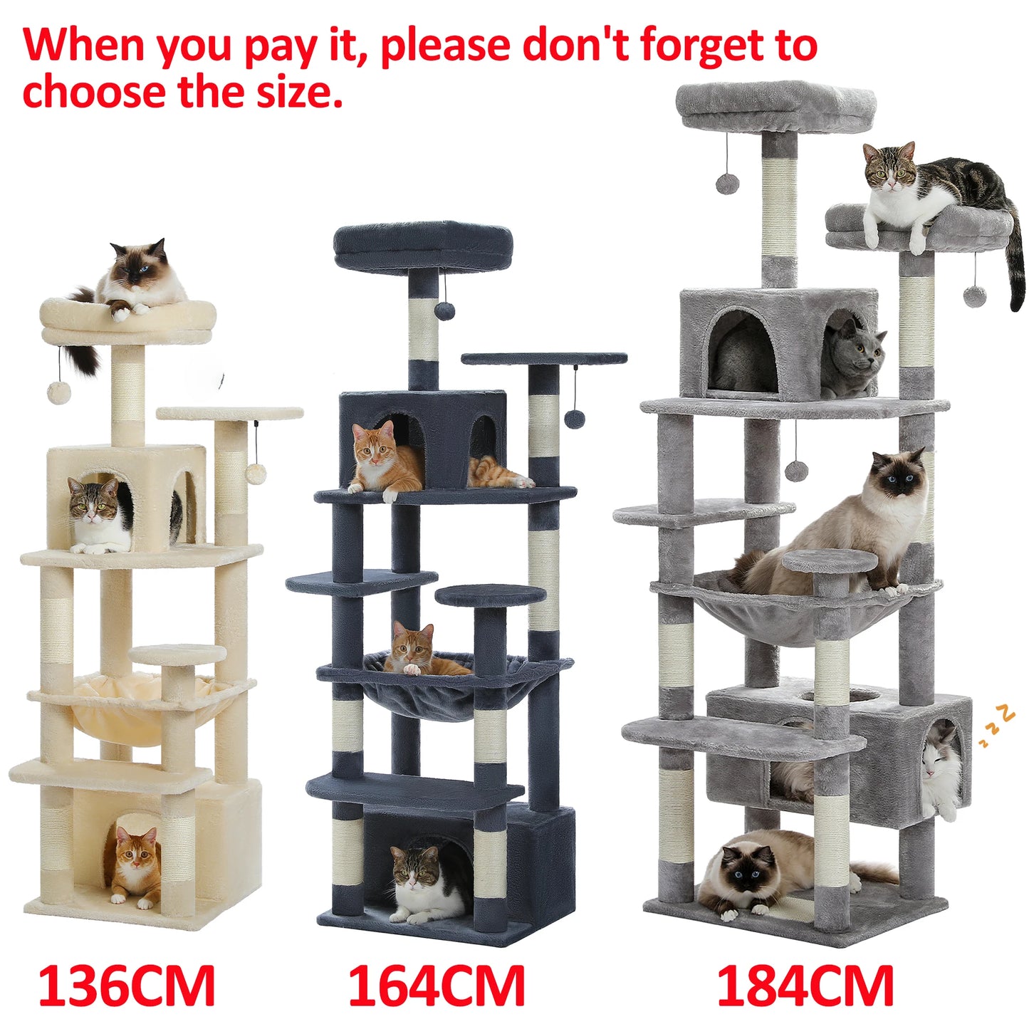 Large Cat Tree Tower with Hammock And Perches Sisal Scratching Posts Spacious Condos And Cat Toys for Indoor Cats Grey/Beige/Black