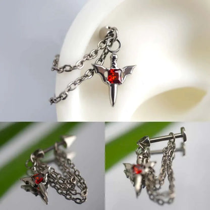 Gothic Red Zircon Wing Chain Stainless Steel Ear Cuff Piercing Earring – Punk Silver Rivet Ear Bone Stud