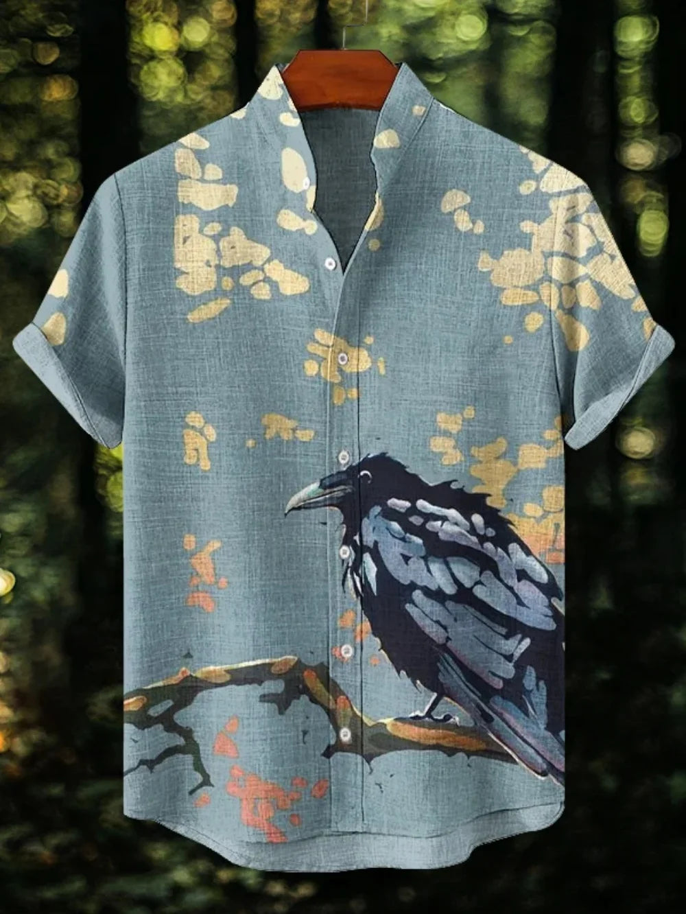 Men's Japanese Retro Black Cat Print Linen Shirt - Short Sleeve Stand Collar Casual Top
