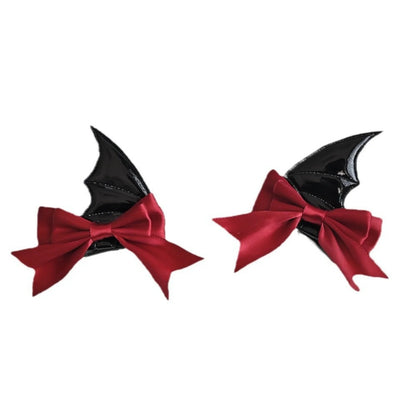 Halloween Devil Horn Bow Hair Clips Gothic Red Black Bat Wing Hairpins Cosplay Set