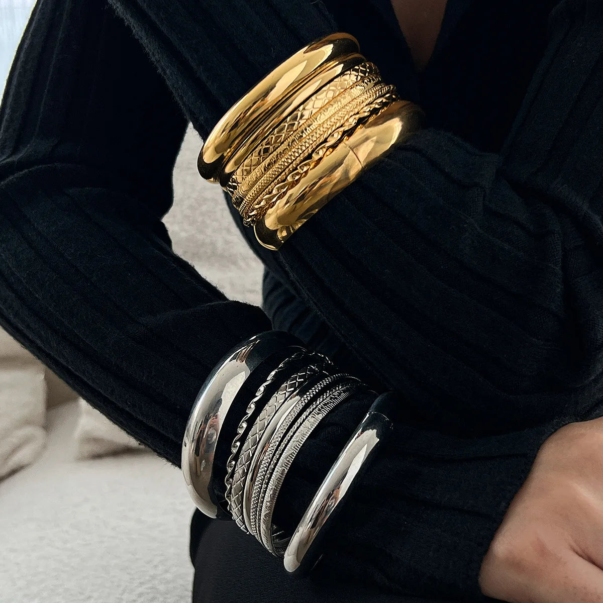 Stainless Steel Twist Texture Bangle Bracelet Set – Gold and Silver Tone Stackable Wristwear for Women and Men