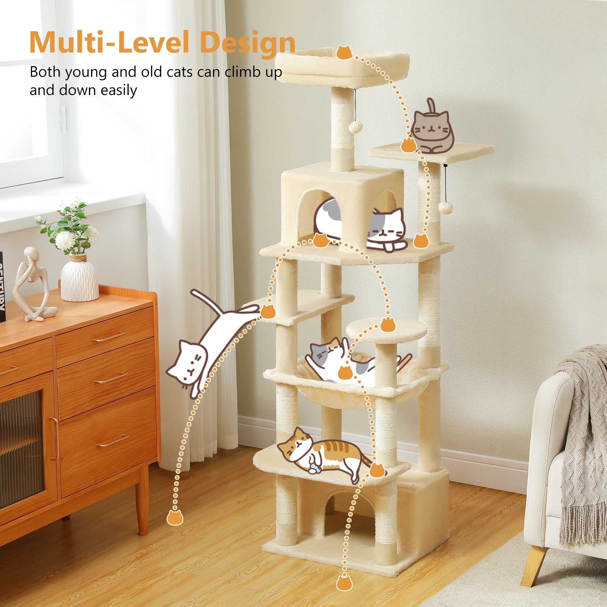 Large Cat Tree Tower with Hammock And Perches Sisal Scratching Posts Spacious Condos And Cat Toys for Indoor Cats Grey/Beige/Black