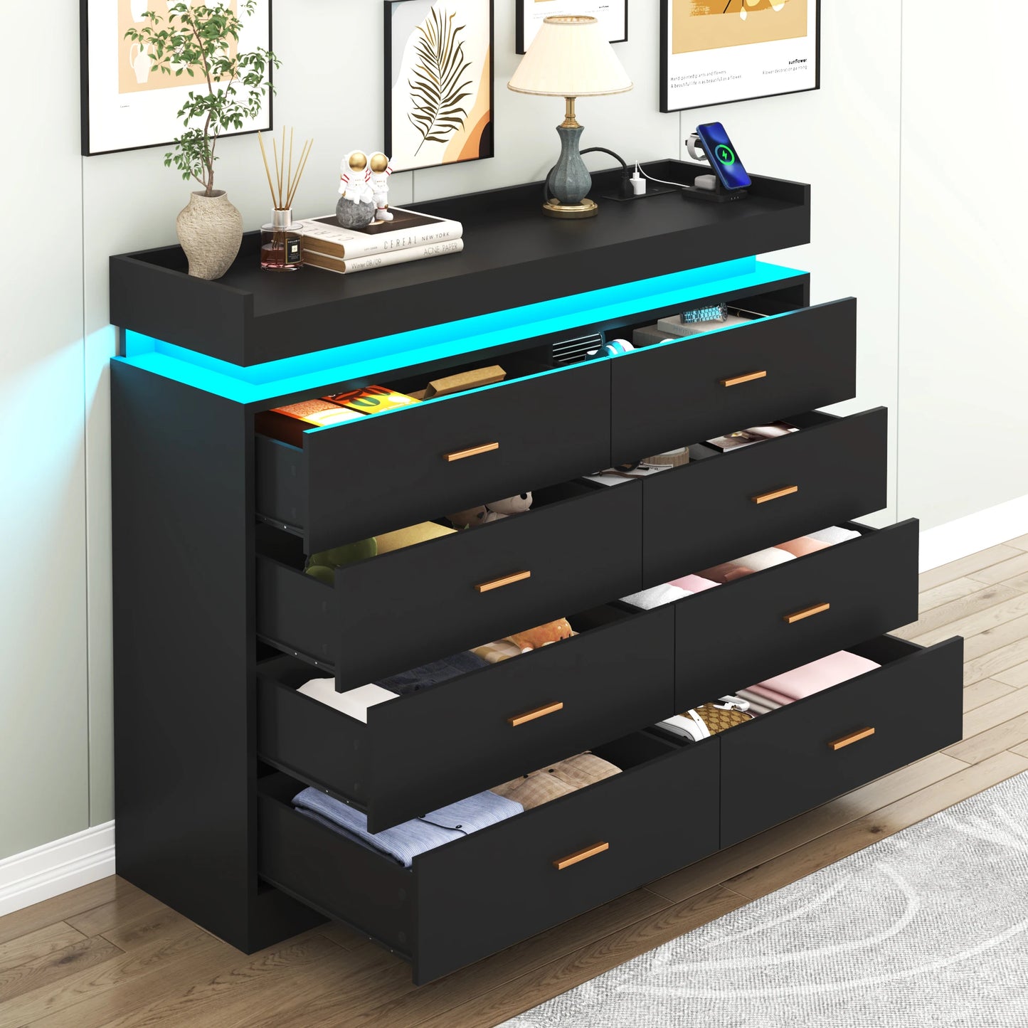 8 Drawer Dresser with LED Light, Modern Chest of Drawers for Closet, 47" Wide Drawer Organizer Cabinet for Bedroom, Living Room