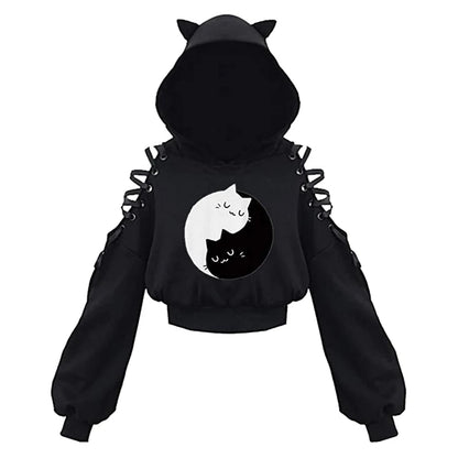 Y2K Gothic Cat Ear Crop Hoodie for Women - Hollow Out Lace-Up Long Sleeve Pullover