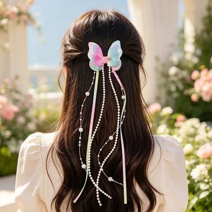 Sparkly Butterfly Bow Hair Clips for Girls – Long Pearl Tassel Ribbon Barrettes, Fairy Cosplay Hair Accessories