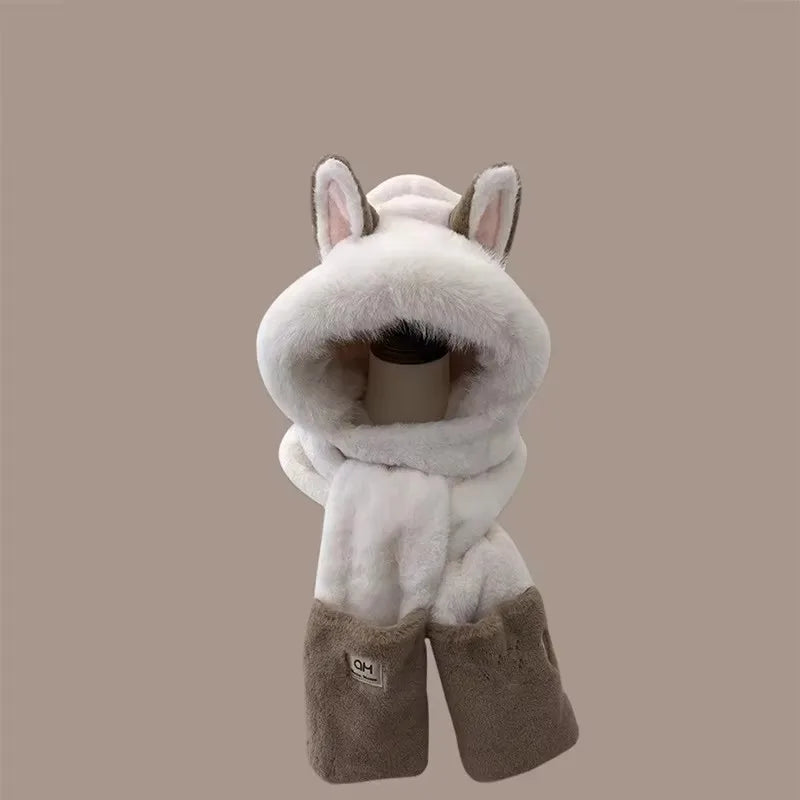 Fox Ear Plush Hat and Scarf Set - Warm Furry Winter Ear Protection Hood