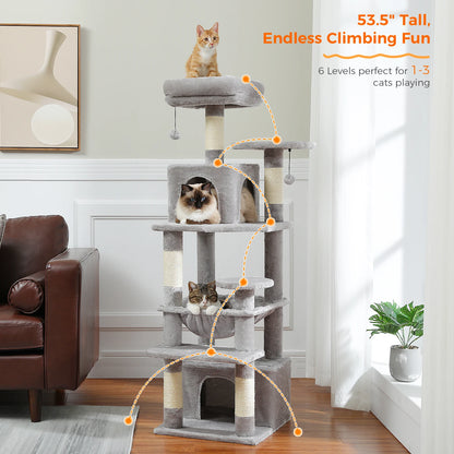 Large Cat Tree Tower with Hammock And Perches Sisal Scratching Posts Spacious Condos And Cat Toys for Indoor Cats Grey/Beige/Black