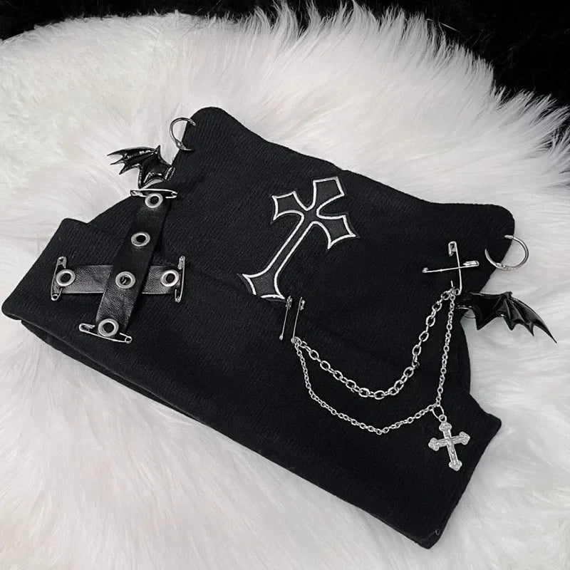 Gothic Grunge Cat Ear Bat Wing Black Beanie – Punk Cross Chain Knit Hat