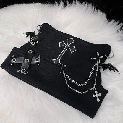 Gothic Grunge Cat Ear Bat Wing Black Beanie – Punk Cross Chain Knit Hat