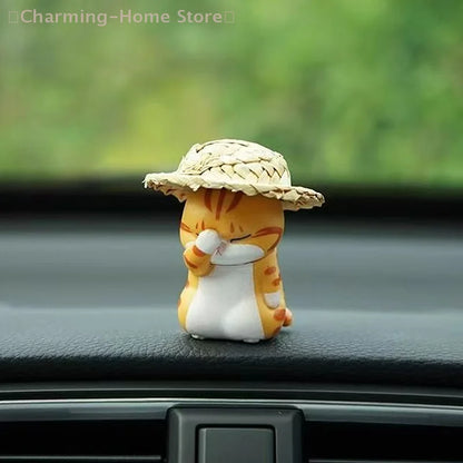 Cute Straw Hat Cat Car Rearview Mirror Pendant